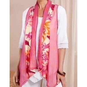 Soft Surroundings Acadia Flutter Vest Sheer Panel Floral Vest Pink White Large